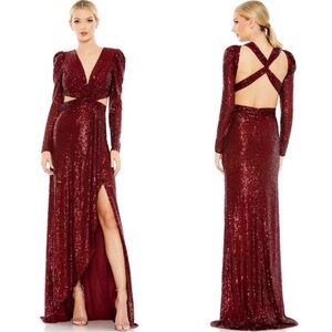 Mac Duggal Sequined Criss Cross Cutout Long Sleeve Gown Women 0 Wine Red 26739
